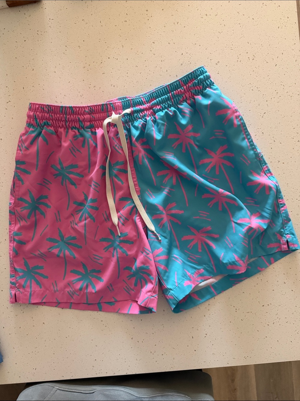 chubbies Pink and Teal Palm Print Swim Trunks